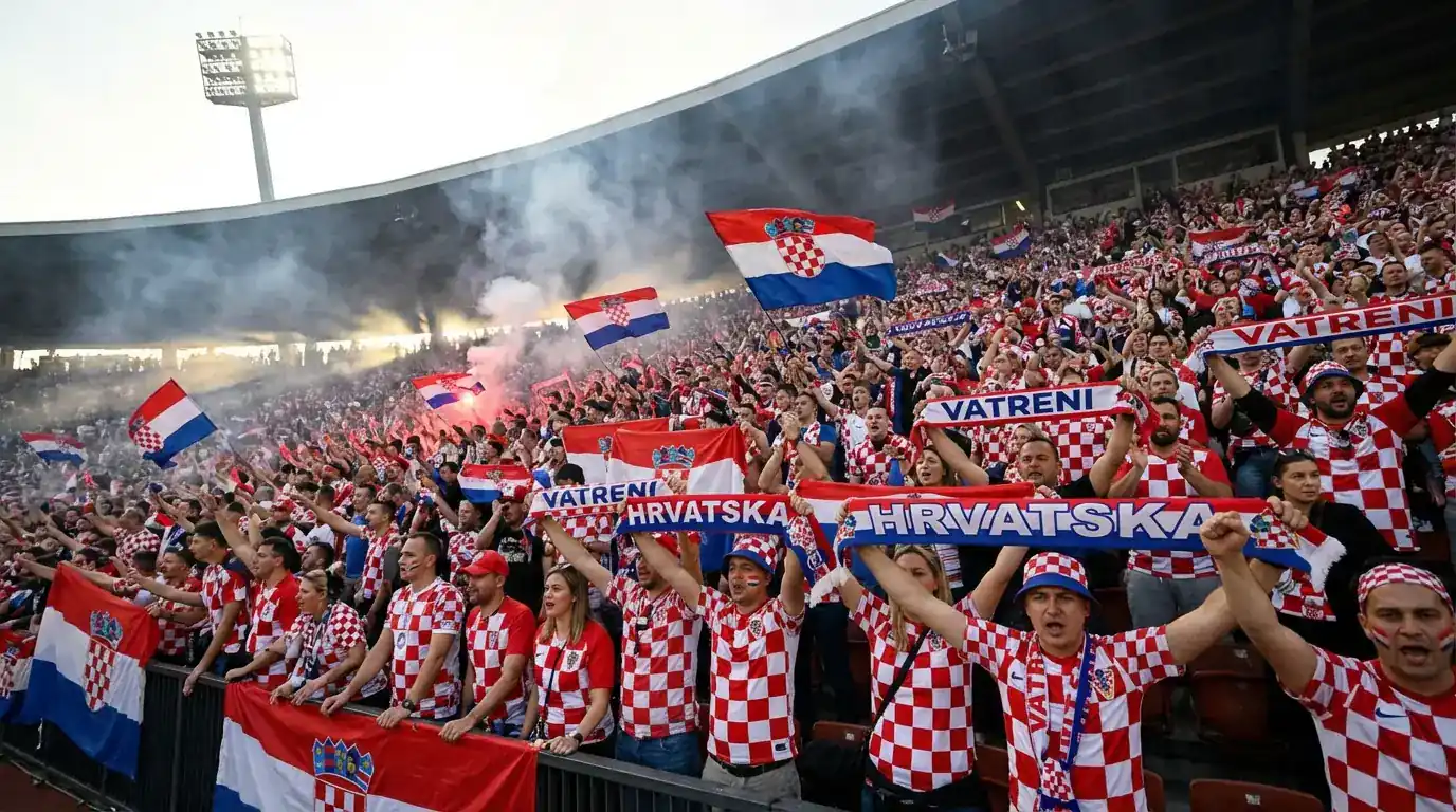 Hrvaški nogometni navijači v značilnih rdeče-belih kockastih dresih na tribunah