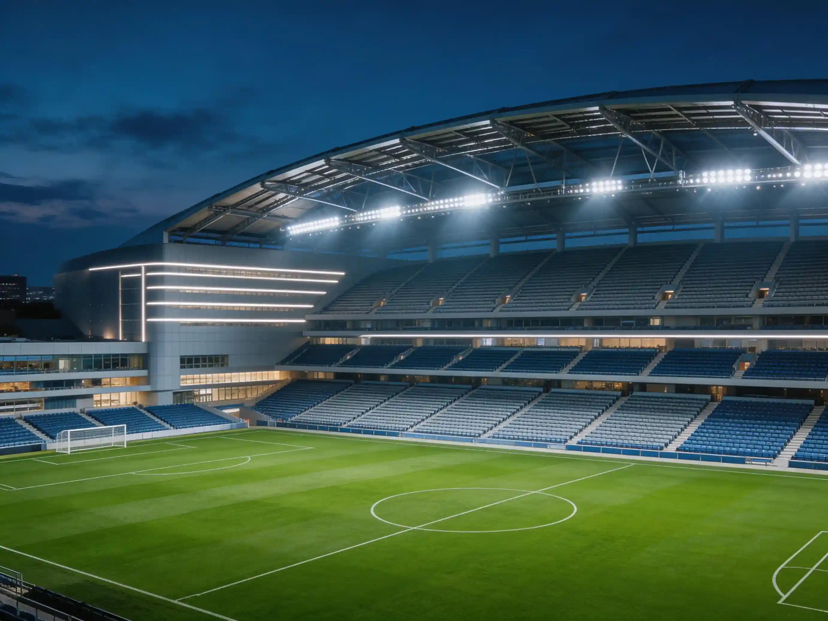 Moderni nogometni stadion z razsvetljavo ponoči, pogled na tribune in igrišče