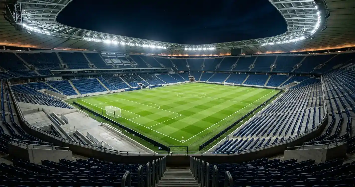 Nočni stadion s praznimi tribunami pred večerno tekmo