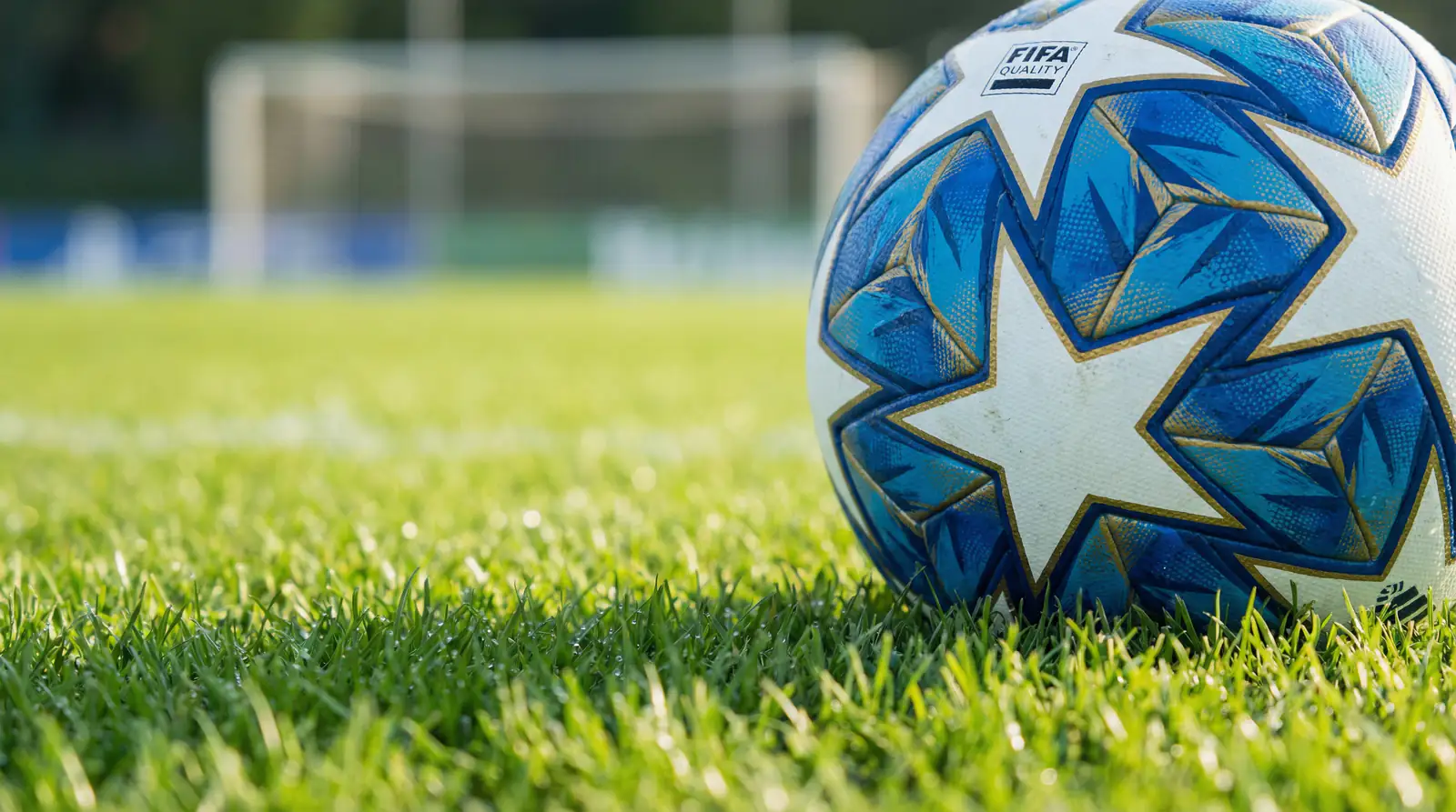 Nogometna žoga na zelenem travniku stadiona v makro posnetku
