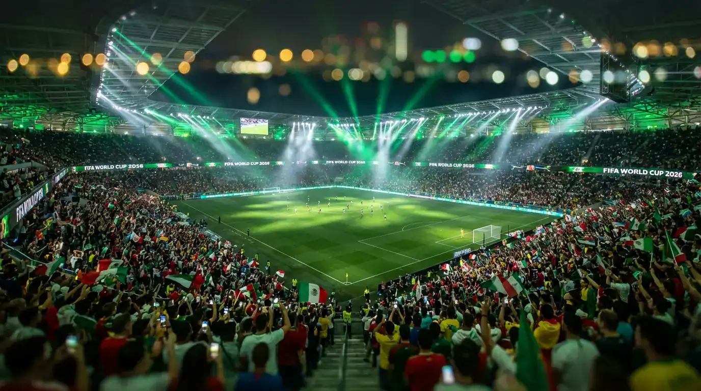 Nogometni stadion ponoči s svetlobnimi efekti in polnimi tribunami, pripravljen na tekme SP 2026